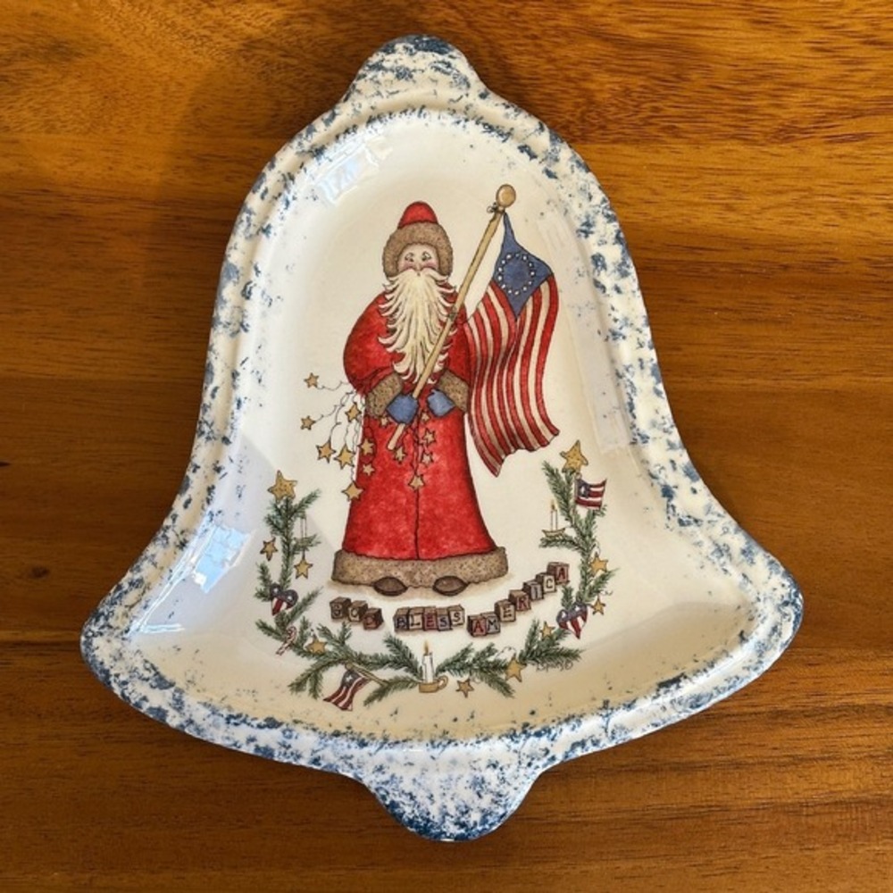 God Bless America Santa American Flag Painted Ceramic Bell Dish Christmas Decor‎
